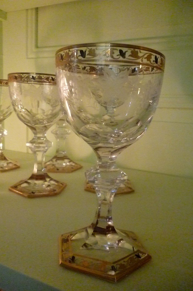 6 Grands Verres Cristal Gravés XIX E-photo-1