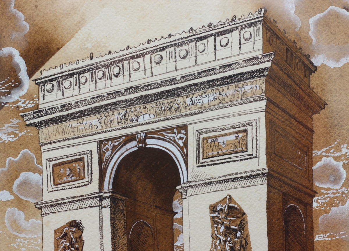 Arc De Triomphe - Modern School XXth In The Style Of Alfred Courmes (1898-1993)-photo-3