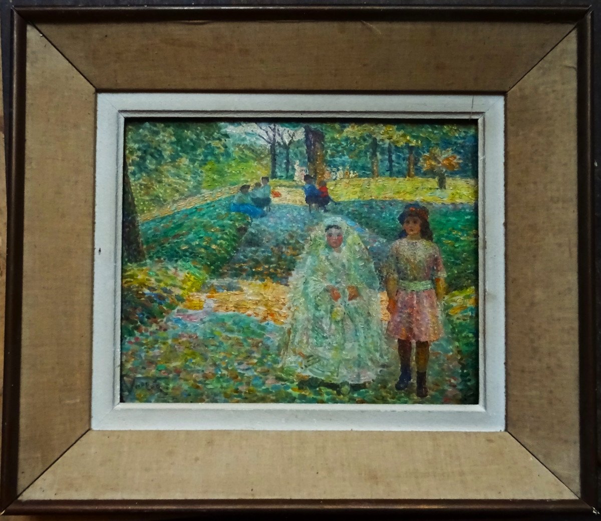 Ludovic Vallée (1864-1939) " Jeunes communiantes dans un parc à Paris " Peintre divisionniste et pointilliste, Henri Martin, Cariot, Laugé...