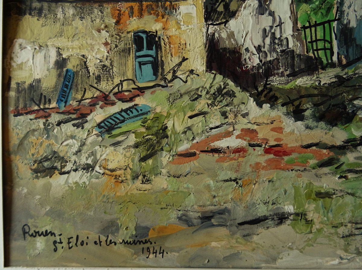 Lp Robert Lavoine (1916-1999) "rouen, Saint Eloi And The Ruins 1944" Expressionist Born In Ca-photo-5