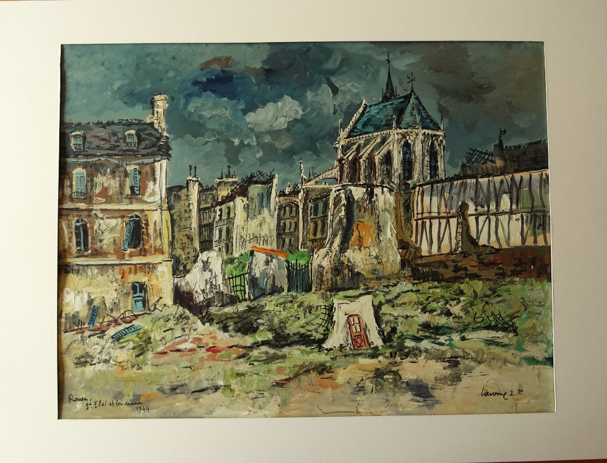 Lp Robert Lavoine (1916-1999) "rouen, Saint Eloi And The Ruins 1944" Expressionist Born In Ca