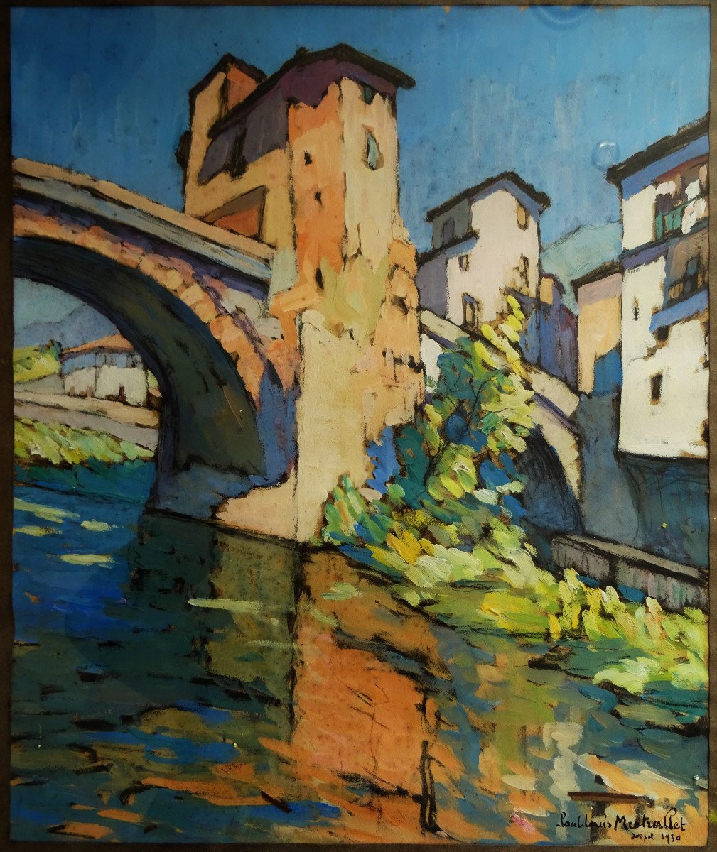 Paul Louis Mestrallet (1886- ? ) " Pont de Sospel 1930" Post-impressionniste Français, Provence, Ile d'Yeu, Bretagne...-photo-2