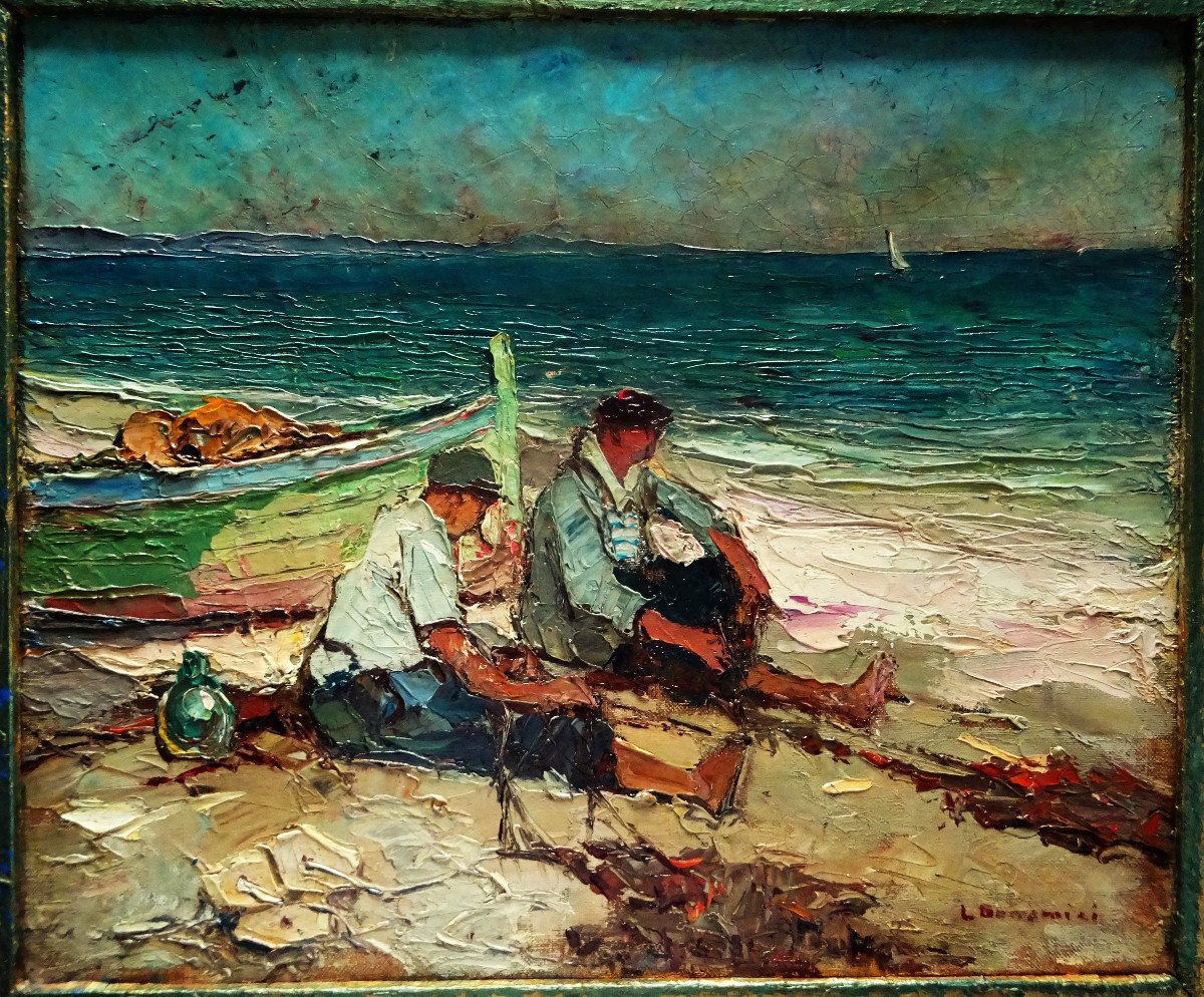 Louis Bonamici (1878-1966) " Marins ravaudant leur filet, Martigues " Ecole Provençale, Pastour, Mattio, Marseille...-photo-2