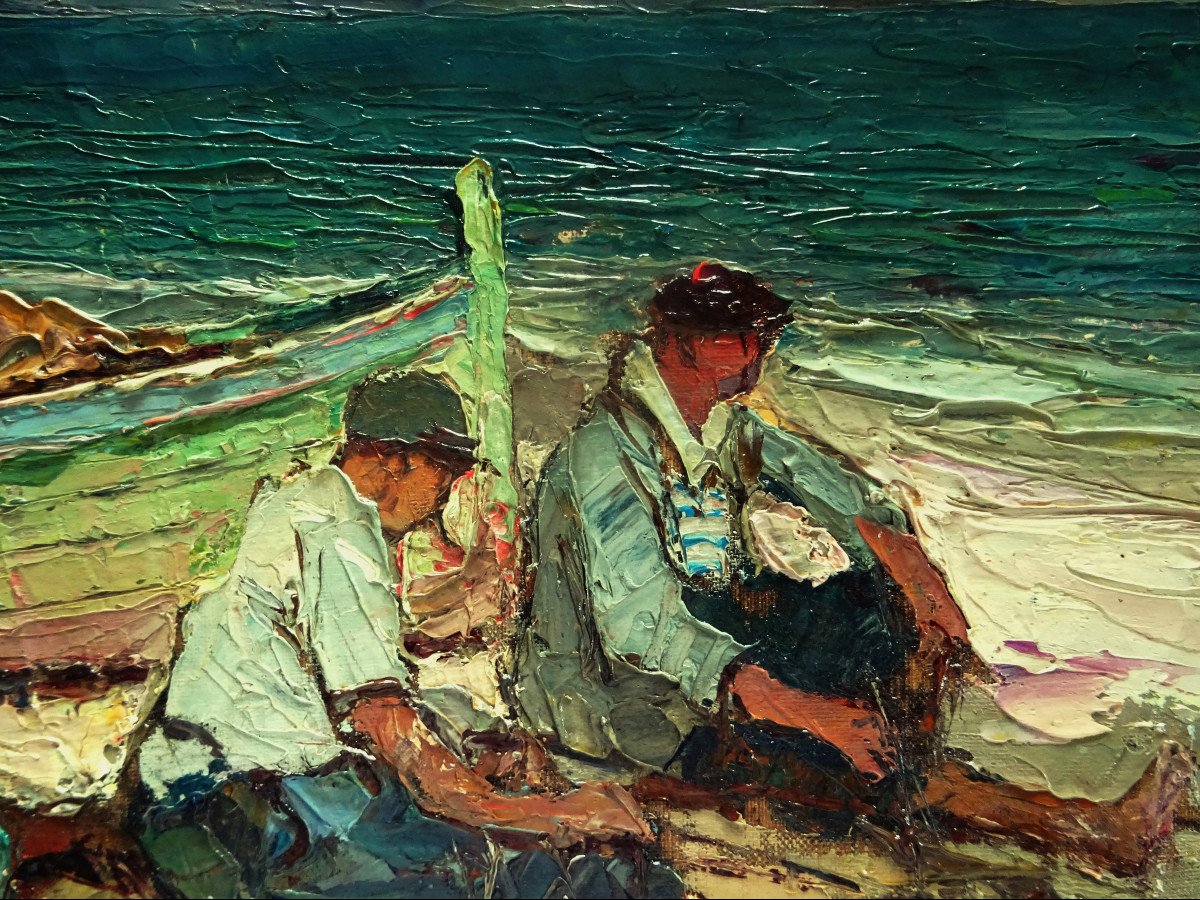 Louis Bonamici (1878-1966) "sailors Ravauding Their Net, Martigues" Provencal School, Pastour-photo-3