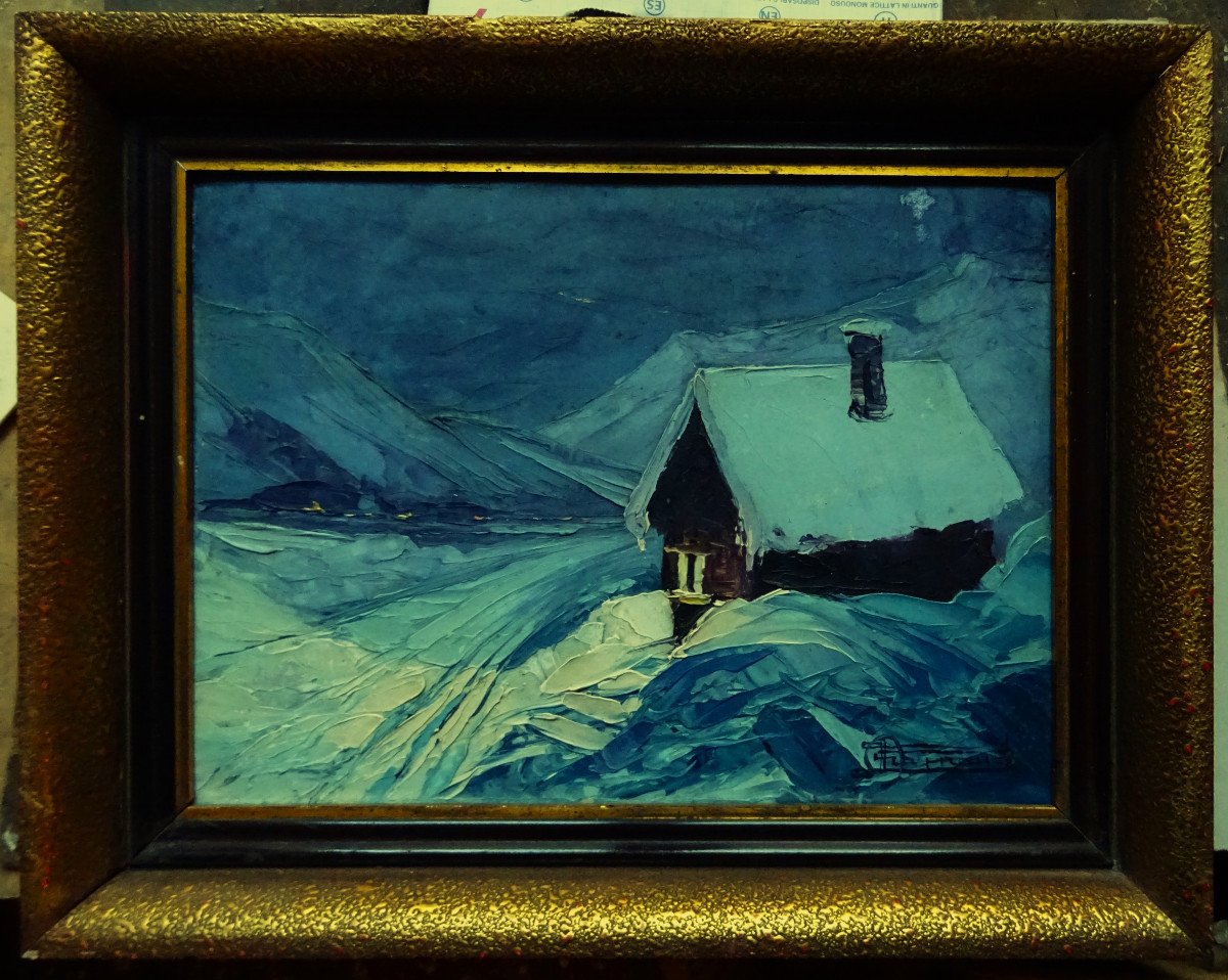 André Raynaud (1890-1974) " Soir glacial, hiver dans les Alpes " Peintre de montagnes, Valence, Contencin, Poignant, Communal
