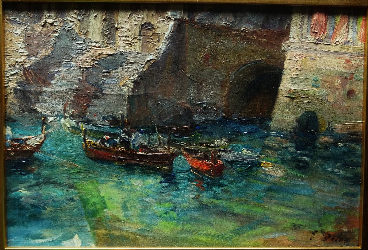 Georges Deloy (1856-1930) " Petit port Méditérranéen, Nice, Venise" Ecole Niçoise, Fer, Aurrens-photo-2