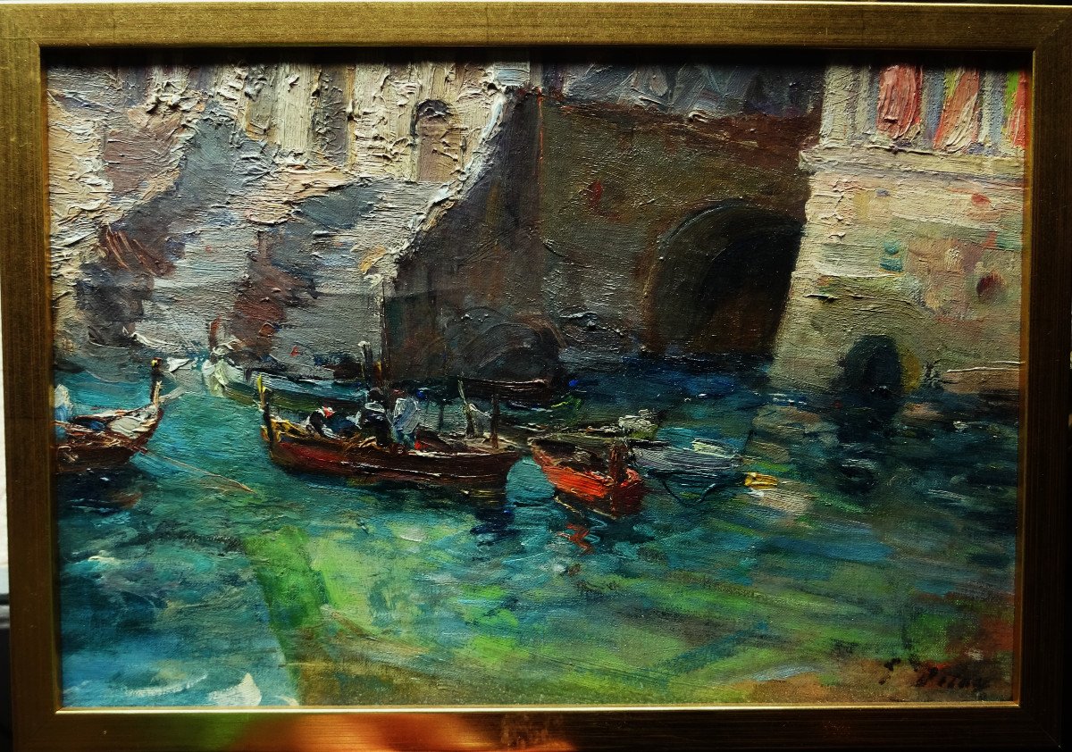 Georges Deloy (1856-1930) " Petit port Méditérranéen, Nice, Venise" Ecole Niçoise, Fer, Aurrens