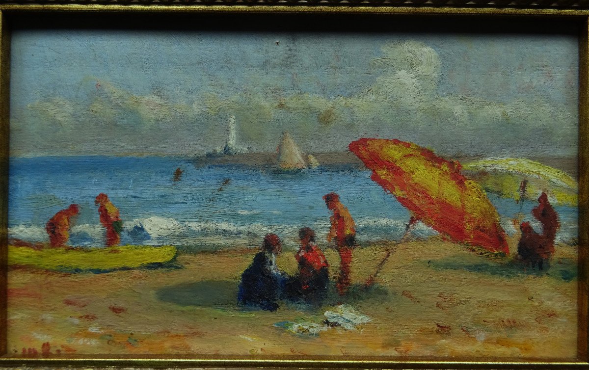 French School Or Attributed To Maximilien Luce (1858-1941)? “ Lively Beach At Tréport “. Hayet.-photo-2