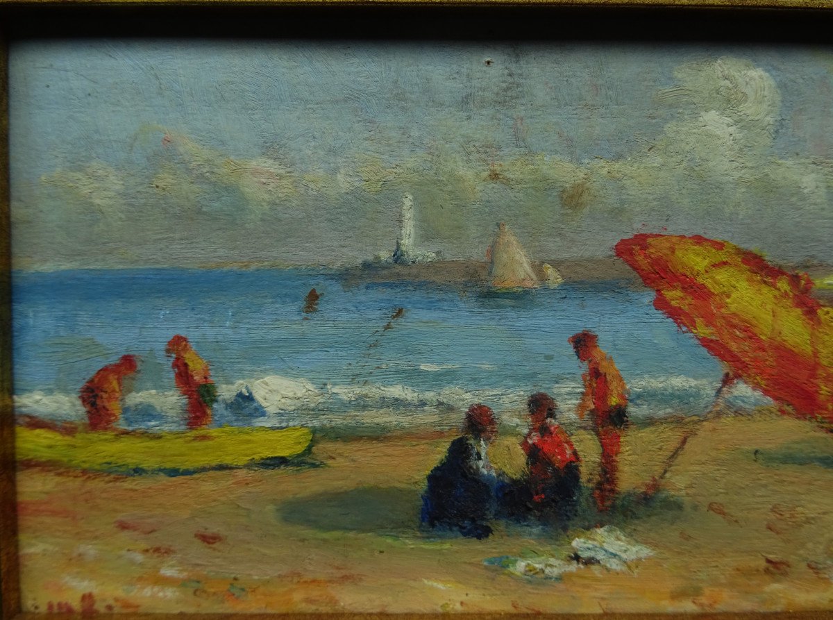 French School Or Attributed To Maximilien Luce (1858-1941)? “ Lively Beach At Tréport “. Hayet.-photo-3