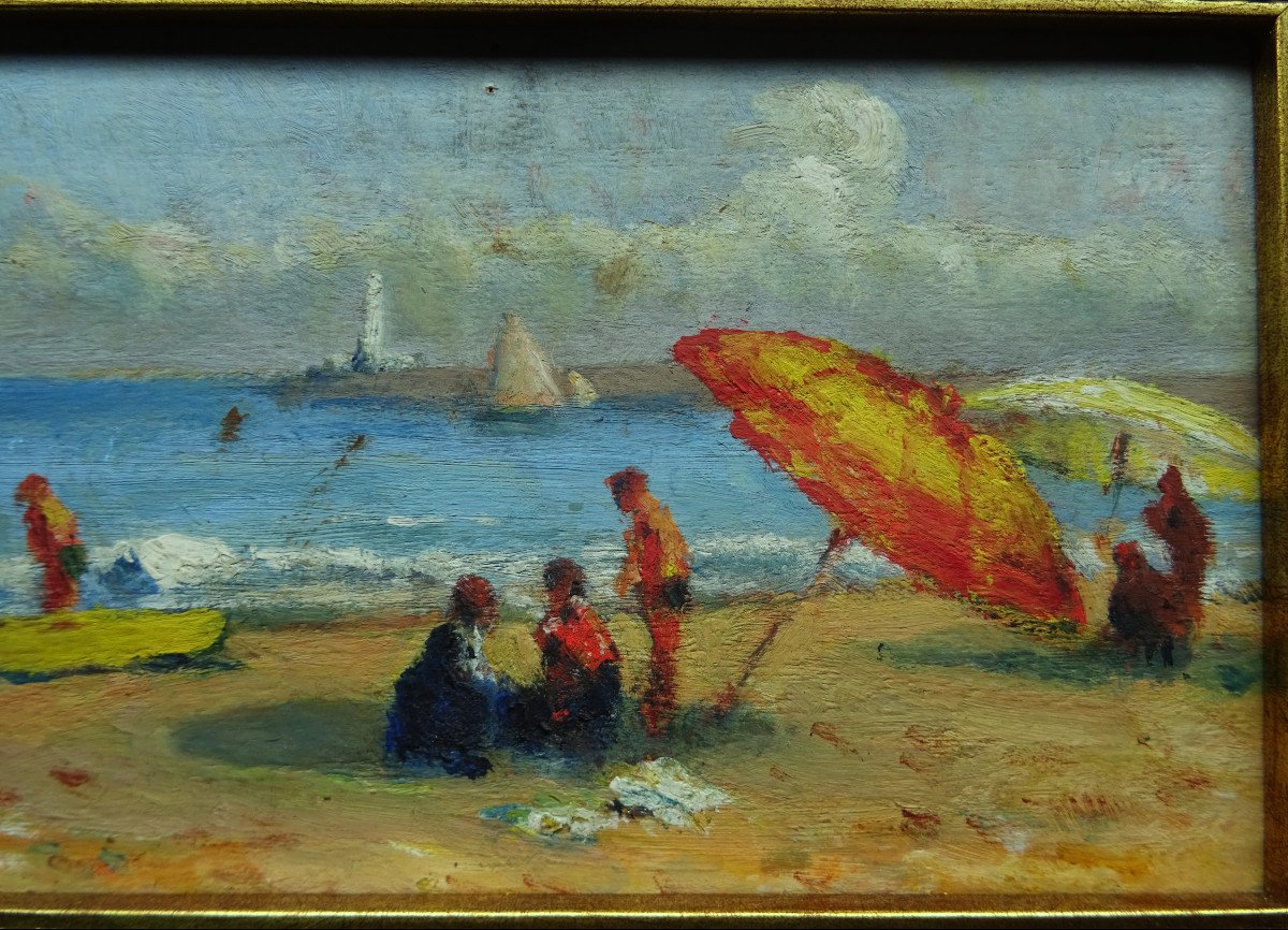 French School Or Attributed To Maximilien Luce (1858-1941)? “ Lively Beach At Tréport “. Hayet.-photo-4