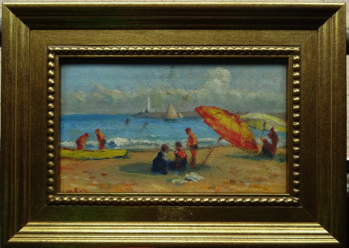 French School Or Attributed To Maximilien Luce (1858-1941)? “ Lively Beach At Tréport “. Hayet.
