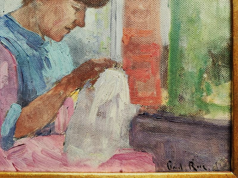 Paul Rue (1866-1954) " Ma femme à la couture ". Berry, Ecole de Crozant, Maillaud, Châteauroux-photo-1