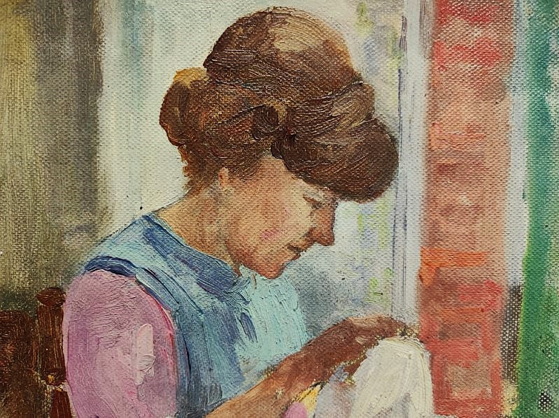 Paul Rue (1866-1954) " Ma femme à la couture ". Berry, Ecole de Crozant, Maillaud, Châteauroux-photo-3