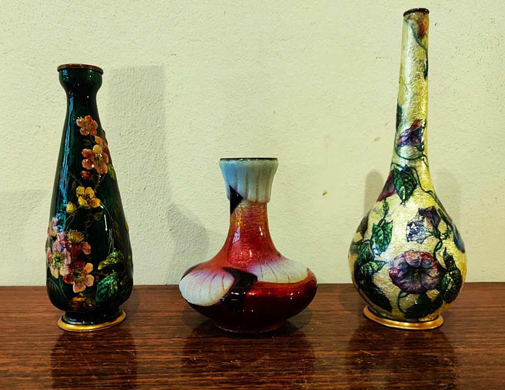 Camille Fauré + Jules Sarlandie.   3 vases en émail de Limoges v.1910/1930. Marty, Bonnaud
