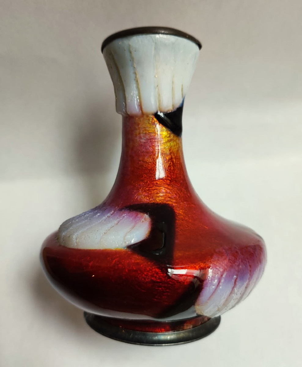 Camille Fauré Limoges Enamel Vase With Geometric Decoration C.1930. Marty, Bonnaud, Sarlandie -photo-4