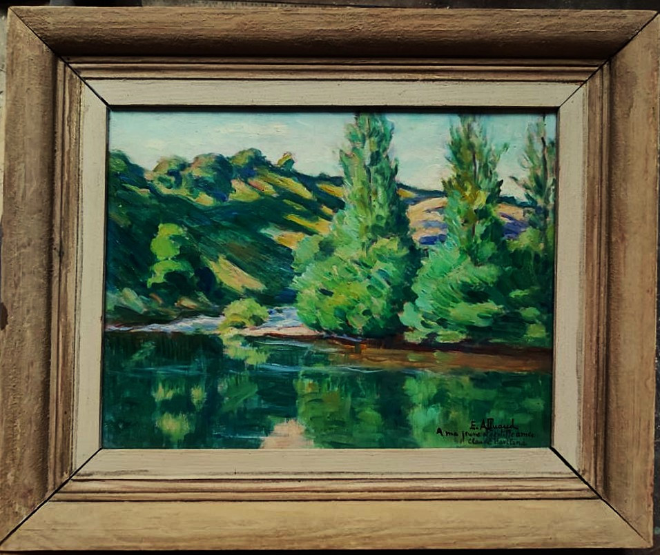 Eugène Alluaud ( 1866-1947) Bords de Creuse, dédicacé à Haviland. Ecole de Crozant, Guillaumin