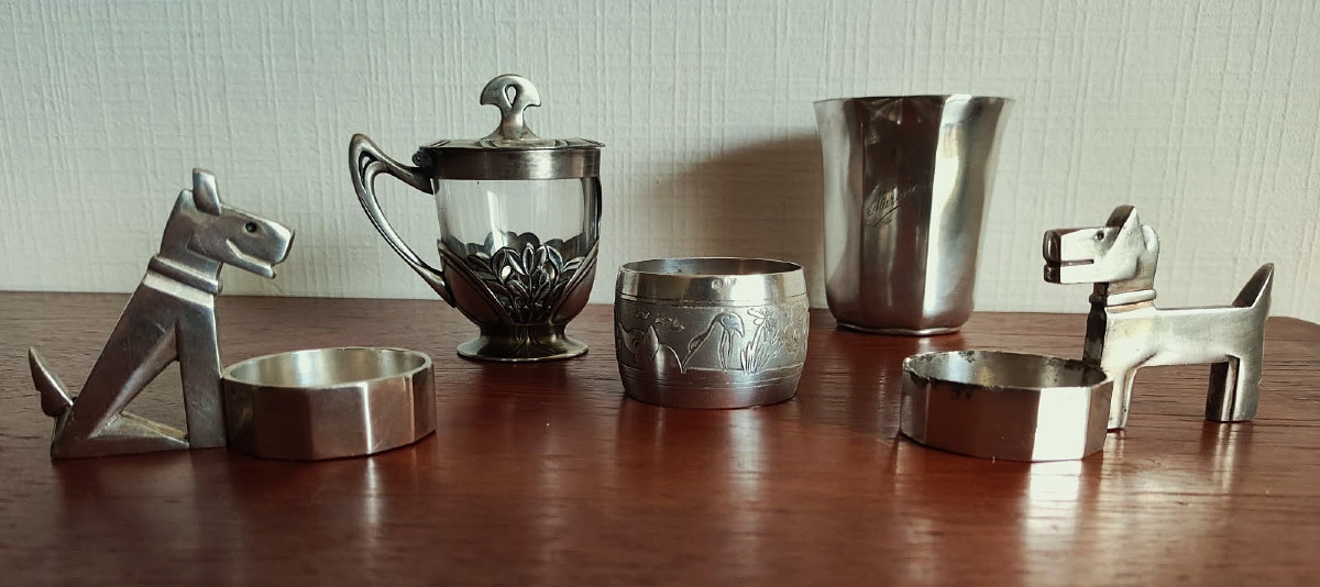 Lot d'ofèvrerie Gallia Christofle 1900-1925, salières Ric & Rac Rabier Sandoz, Art Nouveau Déco