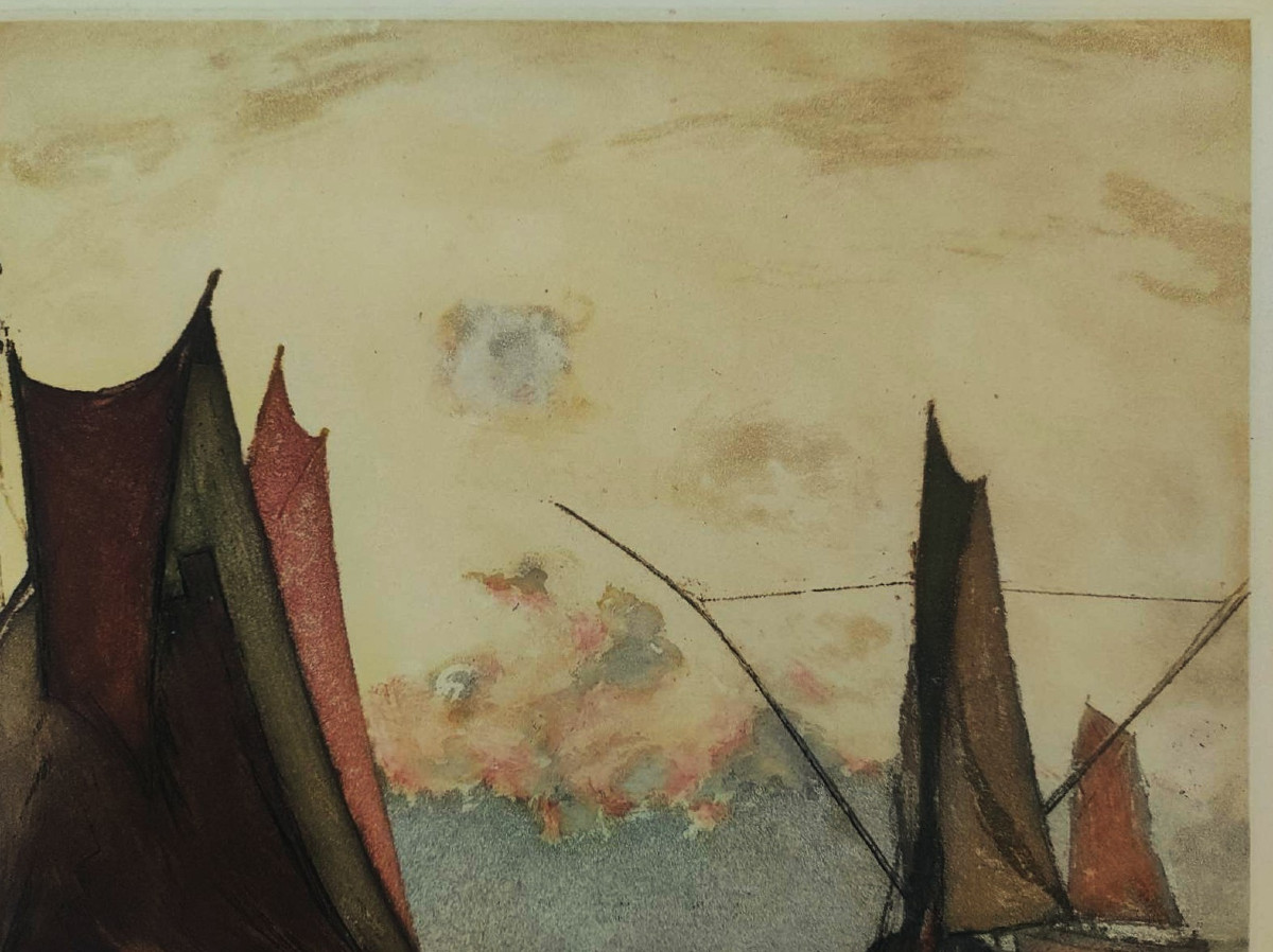 Henri Callot (1875-1956) Tuna Boats In The Port Of Ile d'Yeu. La Rochelle, Peintre De La Marine....-photo-4