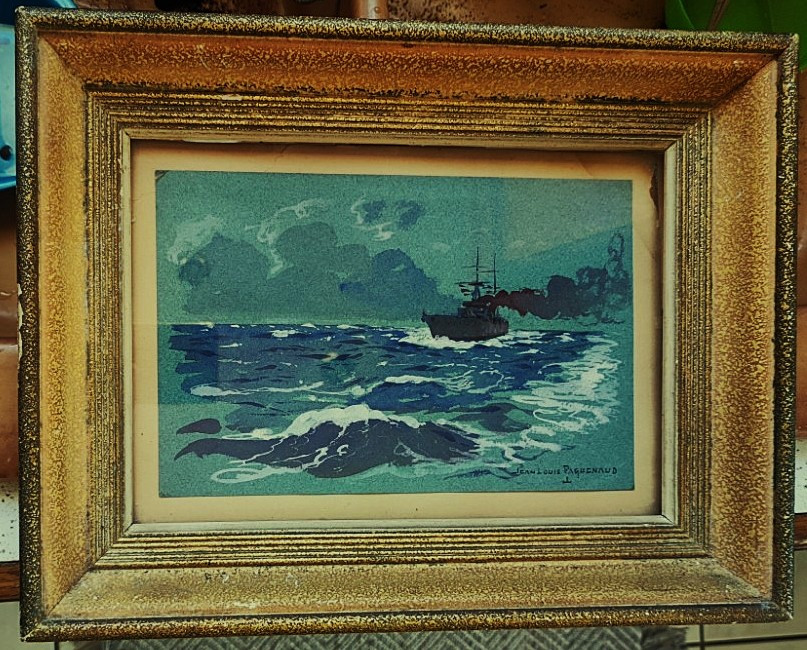 Jean Louis Paguenaud (1876-1952) Croiseur par mer agitée. Limoges, Marine, Marin Marie Voyageur-photo-2