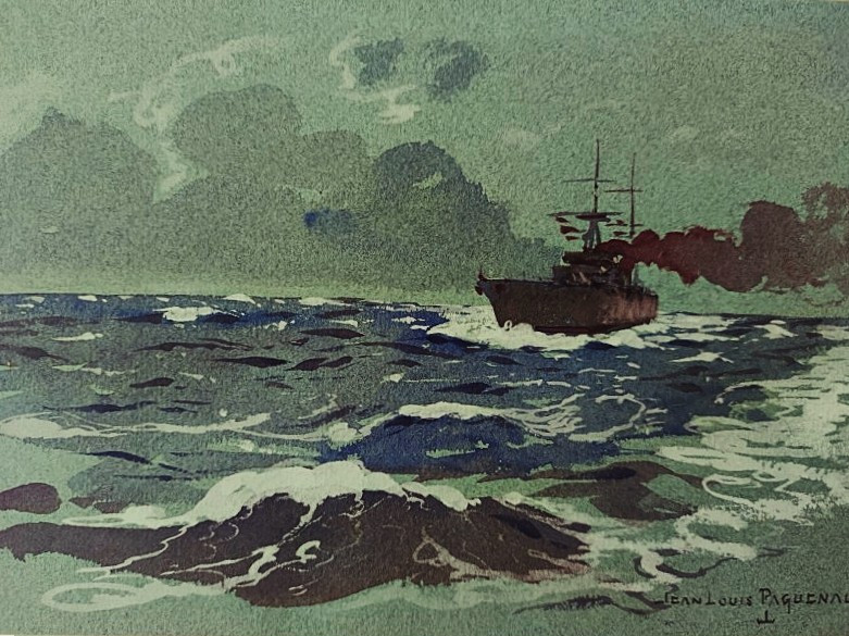 Jean Louis Paguenaud (1876-1952) Croiseur par mer agitée. Limoges, Marine, Marin Marie Voyageur-photo-1