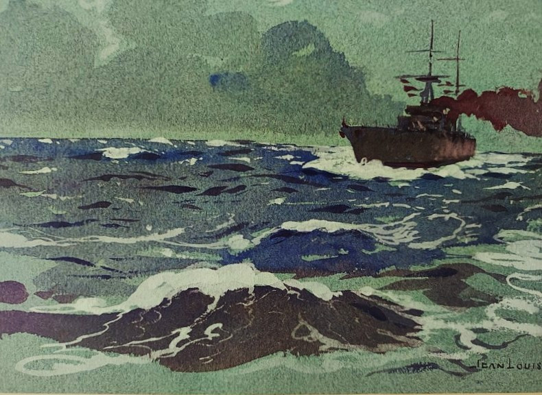 Jean Louis Paguenaud (1876-1952) Croiseur par mer agitée. Limoges, Marine, Marin Marie Voyageur-photo-2