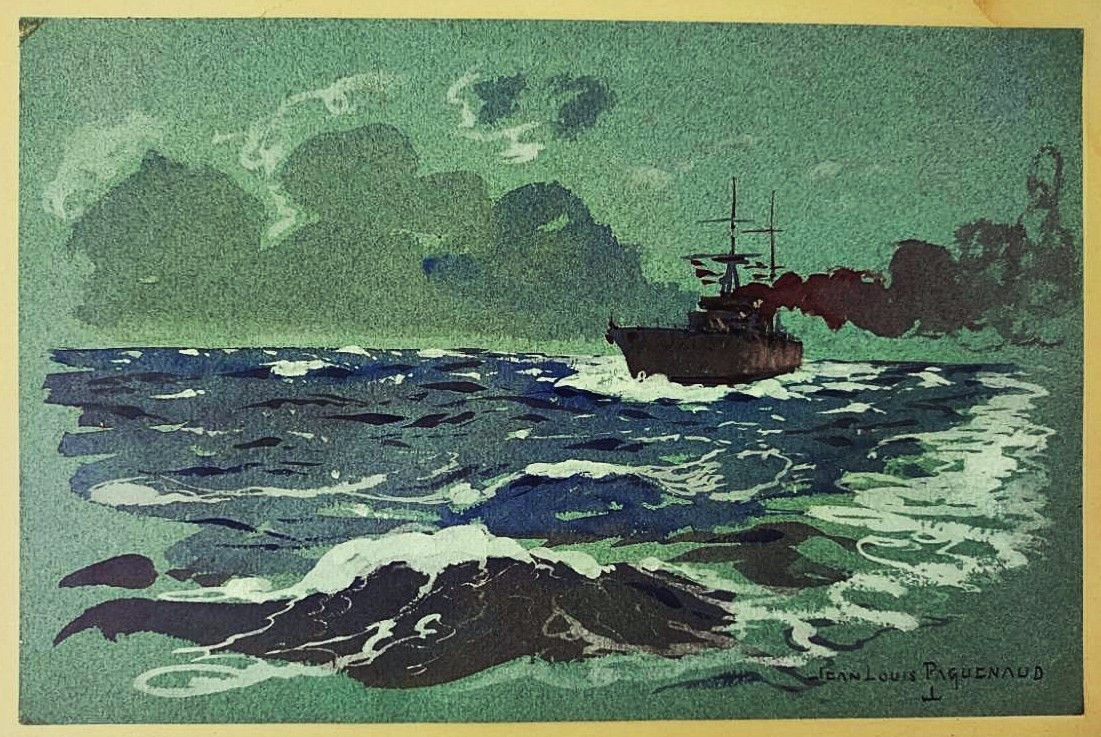 Jean Louis Paguenaud (1876-1952) Croiseur par mer agitée. Limoges, Marine, Marin Marie Voyageur