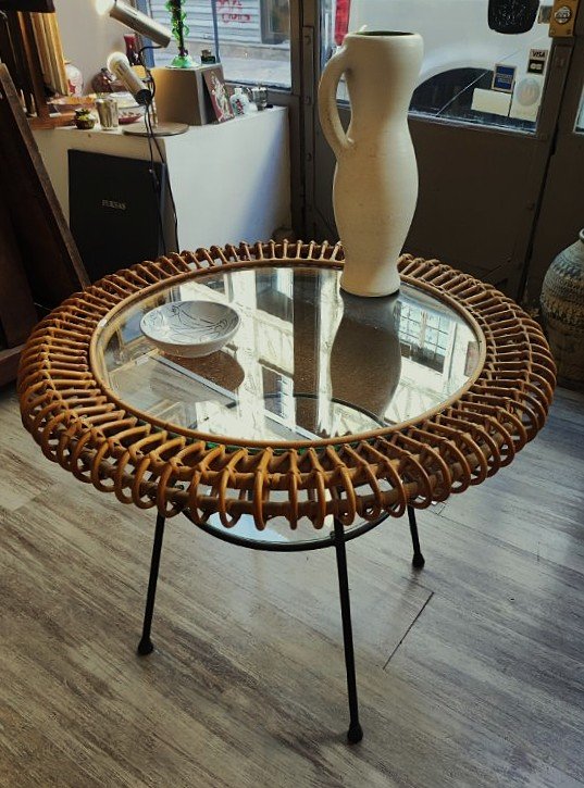 Janine Abraham & Dirk Jan Rol. Table basse en rotin et fer vers 1950/60. Royère, Matégot Dumond-photo-3
