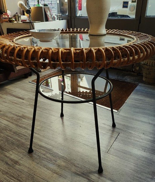 Janine Abraham & Dirk Jan Rol. Table basse en rotin et fer vers 1950/60. Royère, Matégot Dumond-photo-4