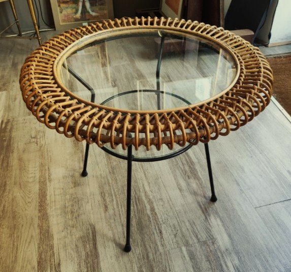 Janine Abraham & Dirk Jan Rol. Table basse en rotin et fer vers 1950/60. Royère, Matégot Dumond