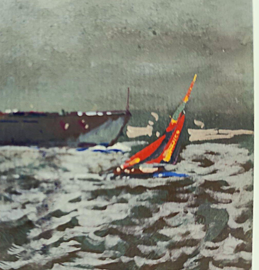 Jean-louis Paguenaud (1876–1952) A Fleet Of Boats At Night. Naval Painter, Limoges-photo-3