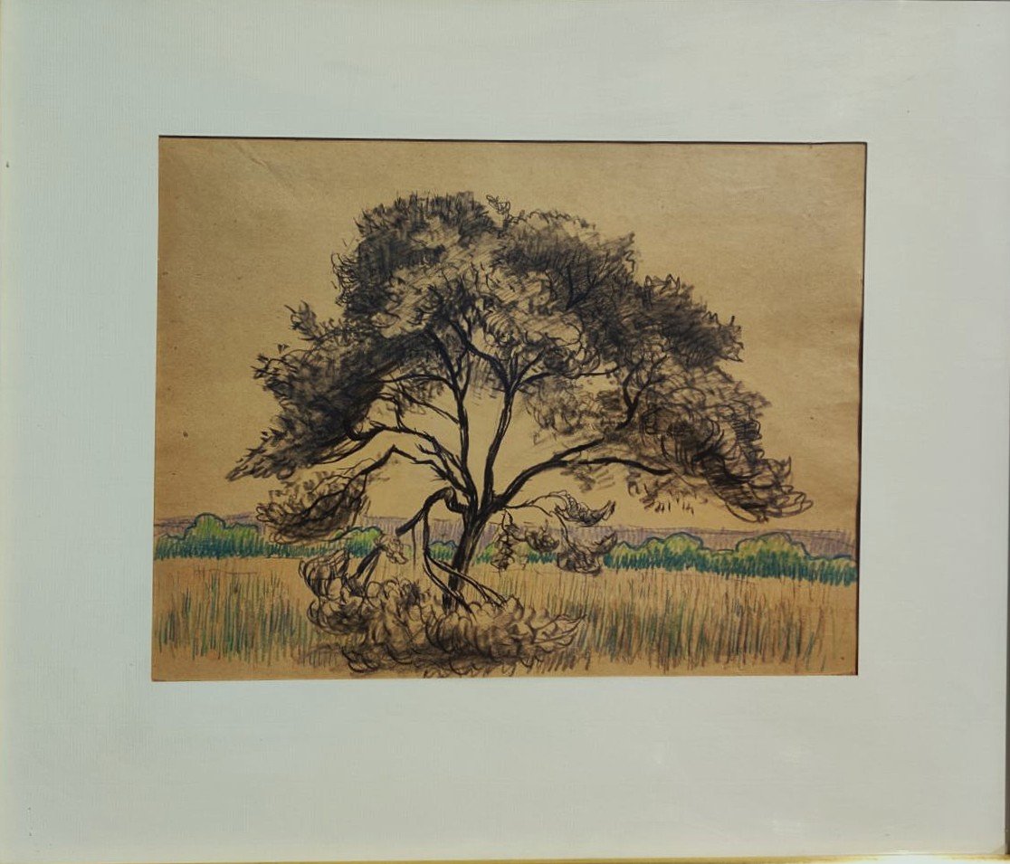 Léo Gausson (1860-1944) Arbre et paysage à Gouvernes 1891. Ecole de Lagny, pointillisme, Luce..-photo-2