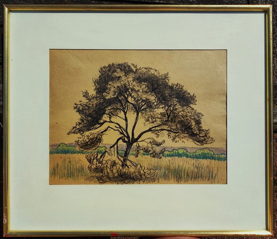 Léo Gausson (1860-1944) Arbre et paysage à Gouvernes 1891. Ecole de Lagny, pointillisme, Luce..