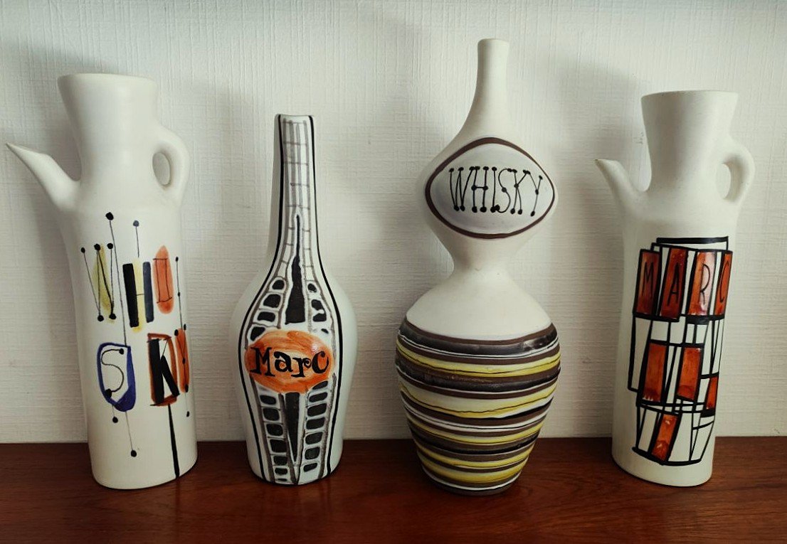 Roger Capron (1922-2006) 4 vases et bouteilles vers 1950 à Vallauris. Innocenti, Picault Callis