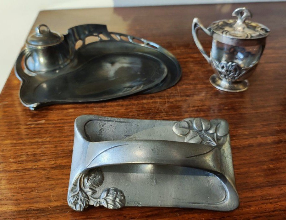 Wmf Art Nouveau Inkwell + Gallia Christofle Blotting Pad And Mustard Dish. Jugendstil, Germany