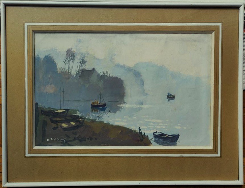 Henri Plisson (1908-2002) Brume en Bretagne. Peintre de la Marine Paguenaud, Montmorillon Carré
