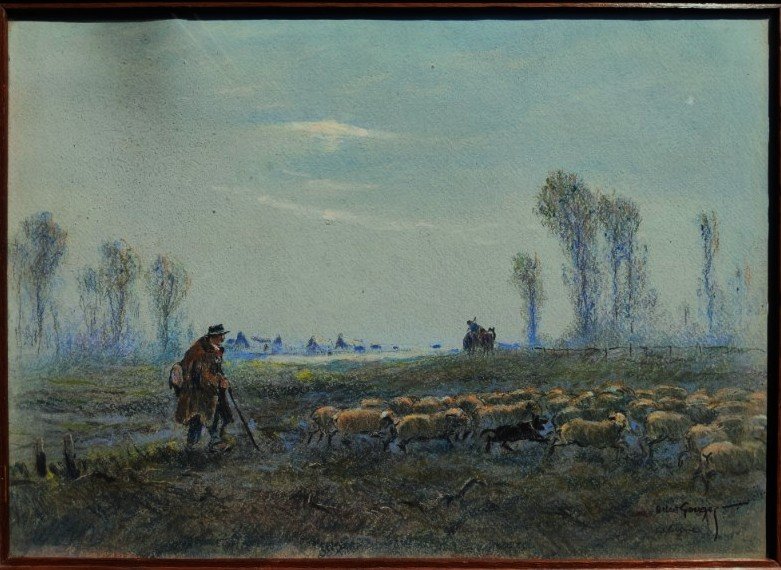 Albert Gouget (1856–1948) Shepherd And His Flock, Sologne. Master Pastel Artist, Oléron, Camargue-photo-2