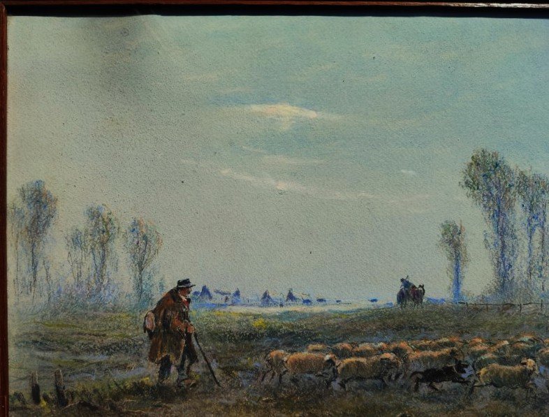 Albert Gouget (1856–1948) Shepherd And His Flock, Sologne. Master Pastel Artist, Oléron, Camargue-photo-3