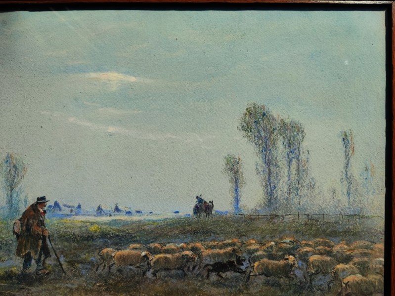 Albert Gouget (1856–1948) Shepherd And His Flock, Sologne. Master Pastel Artist, Oléron, Camargue-photo-4