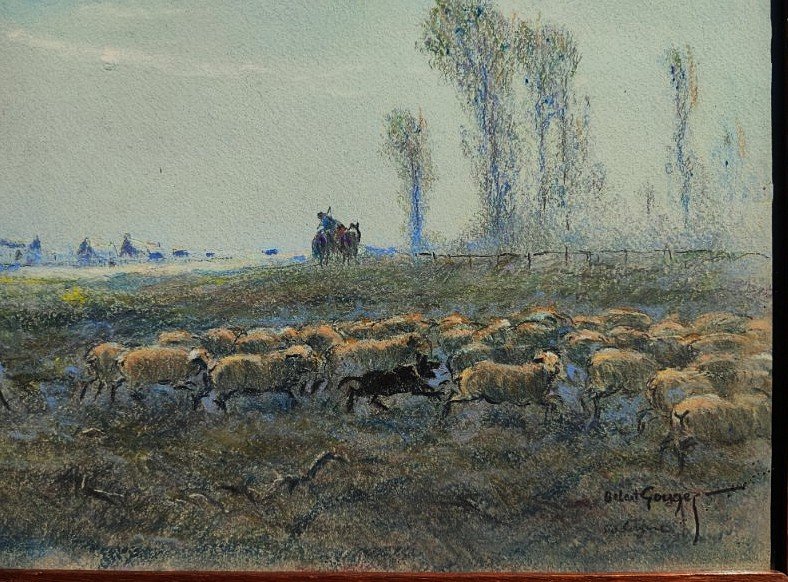 Albert Gouget (1856–1948) Shepherd And His Flock, Sologne. Master Pastel Artist, Oléron, Camargue-photo-1