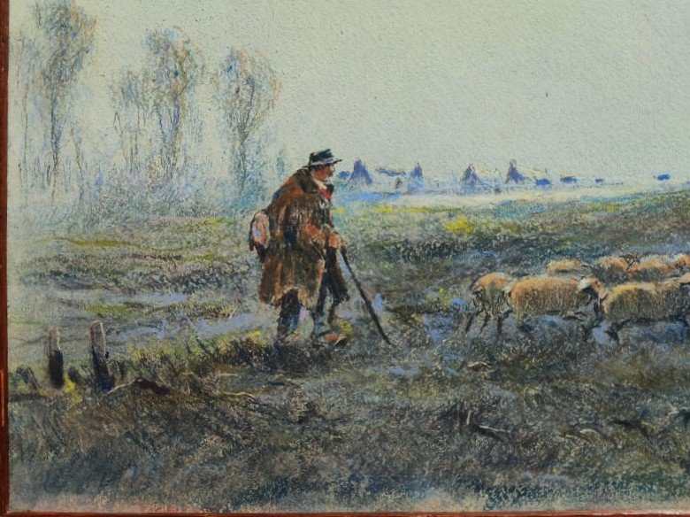 Albert Gouget (1856–1948) Shepherd And His Flock, Sologne. Master Pastel Artist, Oléron, Camargue-photo-2