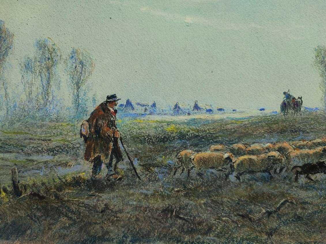 Albert Gouget (1856–1948) Shepherd And His Flock, Sologne. Master Pastel Artist, Oléron, Camargue-photo-3