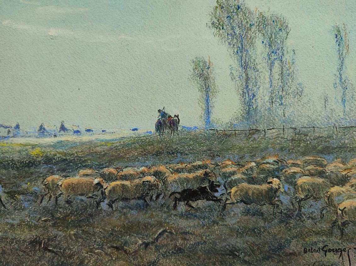 Albert Gouget (1856–1948) Shepherd And His Flock, Sologne. Master Pastel Artist, Oléron, Camargue-photo-4