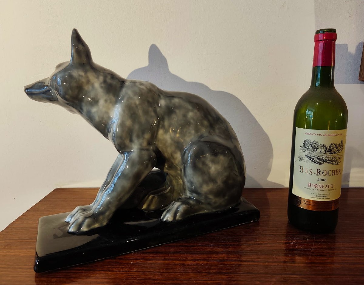 Large Fox Sculpture By Camille Tharaud Limoges And Robert Lemoine, 1930, Art Deco. Sandoz Robj-photo-2