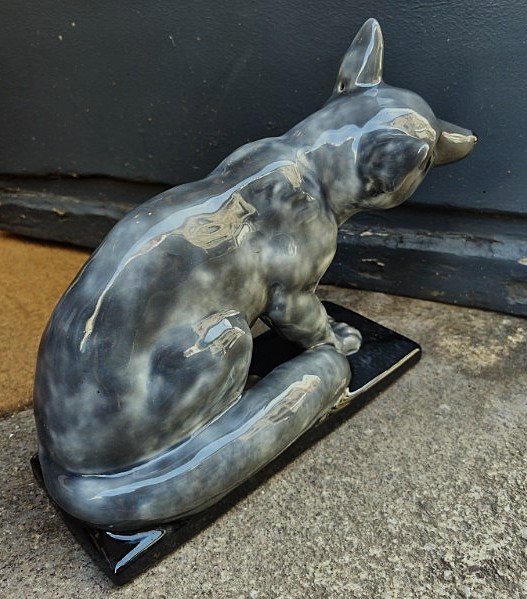 Large Fox Sculpture By Camille Tharaud Limoges And Robert Lemoine, 1930, Art Deco. Sandoz Robj-photo-3