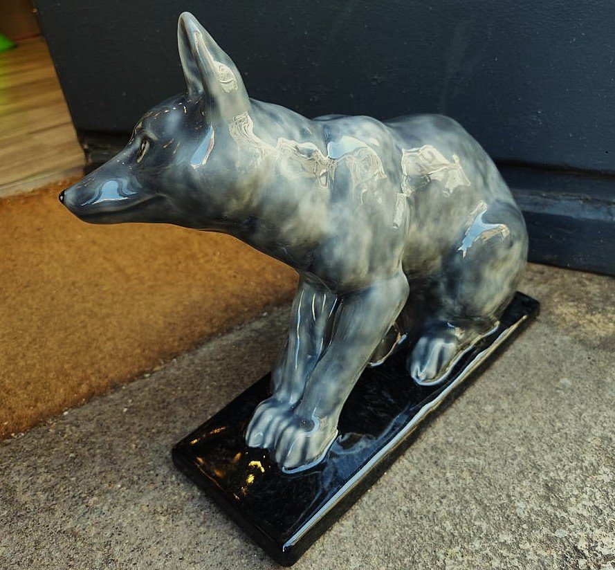 Large Fox Sculpture By Camille Tharaud Limoges And Robert Lemoine, 1930, Art Deco. Sandoz Robj-photo-1