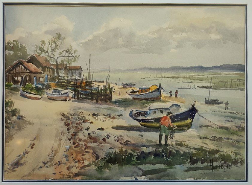 Jean Hourrégue (1919–1983) Fishing Village In The Arcachon Basin. Landes Gueit, Béarn.-photo-2