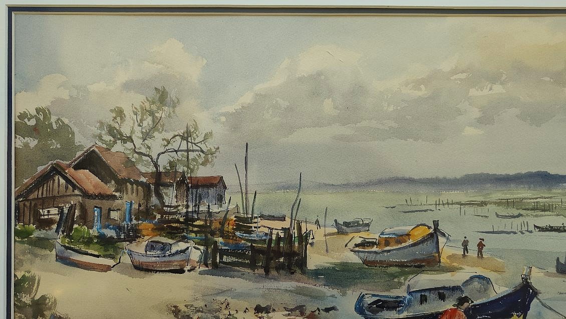 Jean Hourrégue (1919–1983) Fishing Village In The Arcachon Basin. Landes Gueit, Béarn.-photo-3