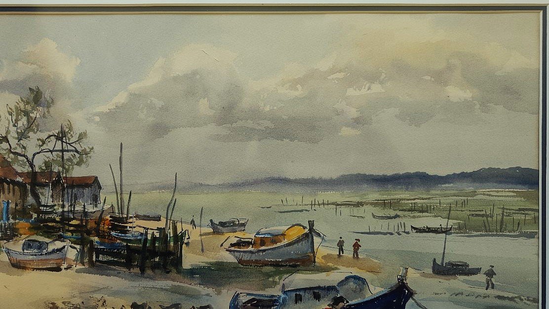 Jean Hourrégue (1919–1983) Fishing Village In The Arcachon Basin. Landes Gueit, Béarn.-photo-4