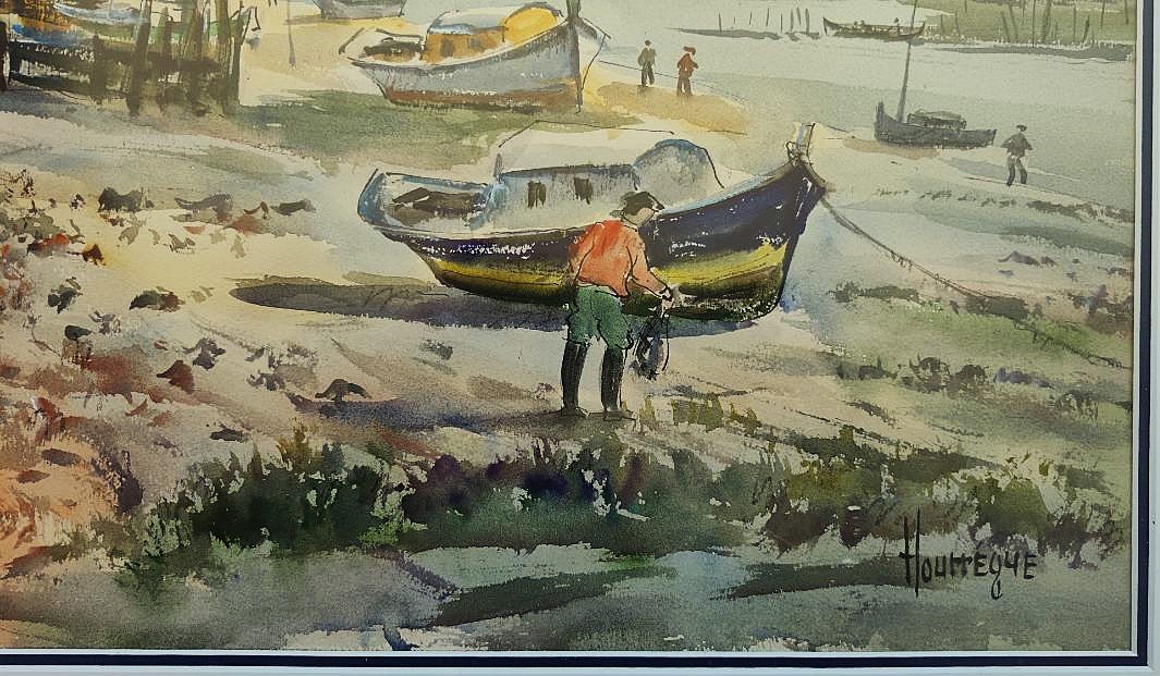 Jean Hourrégue (1919–1983) Fishing Village In The Arcachon Basin. Landes Gueit, Béarn.-photo-1
