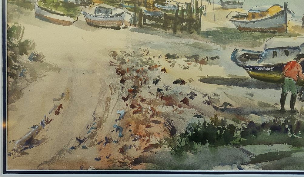 Jean Hourrégue (1919–1983) Fishing Village In The Arcachon Basin. Landes Gueit, Béarn.-photo-2